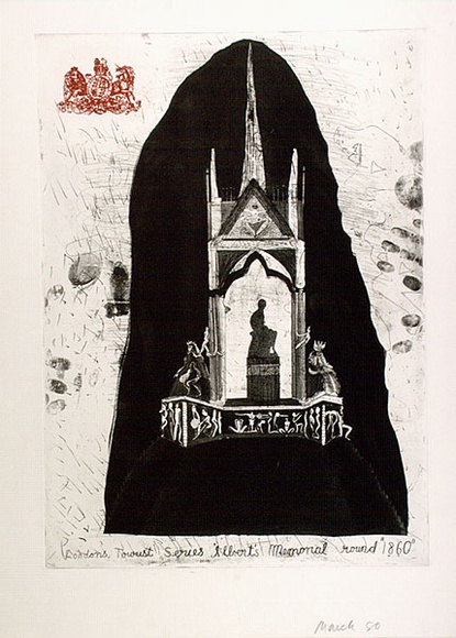 Artist: b'Moore, Mary.' | Title: bAlbert's Memorial | Date: 1980, March | Technique: b'aquatint, etching and engraving, printed in black and red ink, from one plate' | Copyright: b'\xc2\xa9 Mary Moore' Artist: b'Moore, Mary.' | Title: bAlbert's Memorial | Date: 1980, March | Technique: b'aquatint, etching and engraving, printed in black and red ink, from one plate' | Copyright: b'\xc2\xa9 Mary Moore'