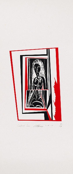 Artist: b'Lamang, Kambau Namaleu.' | Title: b'Confused stare' | Date: 1975 | Technique: b'screenprint, printed in red and black ink, from two stencils' Artist: b'Lamang, Kambau Namaleu.' | Title: b'Confused stare' | Date: 1975 | Technique: b'screenprint, printed in red and black ink, from two stencils'