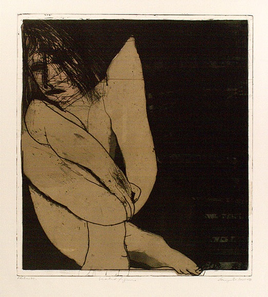 Artist: b'BALDESSIN, George' | Title: b'Seated figure.' | Date: 1973 | Technique: b'etching and aquatint, printed in black ink, from one plate; over stencil, printed in colour, from two stencils.' Artist: b'BALDESSIN, George' | Title: b'Seated figure.' | Date: 1973 | Technique: b'etching and aquatint, printed in black ink, from one plate; over stencil, printed in colour, from two stencils.'