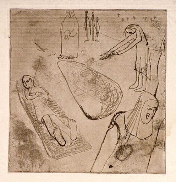 Artist: b'Barwell, Jennifer.' | Title: b'(The Raising of Lazarus).' | Date: (1955) | Technique: b'softground etching printed in brown ink with plate-tone, from one plate' Artist: b'Barwell, Jennifer.' | Title: b'(The Raising of Lazarus).' | Date: (1955) | Technique: b'softground etching printed in brown ink with plate-tone, from one plate'