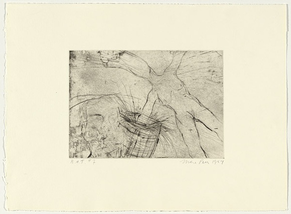 Artist: b'PARR, Mike' | Title: b'Gun into vanishing point 7' | Date: 1988-89 | Technique: b'drypoint and foul biting, printed in black ink, from one copper plate' Artist: b'PARR, Mike' | Title: b'Gun into vanishing point 7' | Date: 1988-89 | Technique: b'drypoint and foul biting, printed in black ink, from one copper plate'