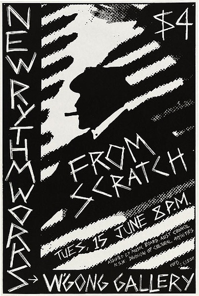 Artist: b'REDBACK GRAPHIX' | Title: b'From scratch.' | Date: 1983, before 23 March | Technique: b'screenprint, printed in black ink, from one stencil' | Copyright: b'\xc2\xa9 Michael Callaghan, Redback Graphix' Artist: b'REDBACK GRAPHIX' | Title: b'From scratch.' | Date: 1983, before 23 March | Technique: b'screenprint, printed in black ink, from one stencil' | Copyright: b'\xc2\xa9 Michael Callaghan, Redback Graphix'