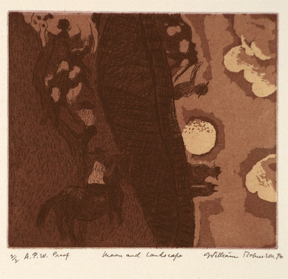 Artist: b'Robinson, William.' | Title: b'Moon and landscape' | Date: 1990 | Technique: b'etching and aquatint, printed in colour, from multiple plates' Artist: b'Robinson, William.' | Title: b'Moon and landscape' | Date: 1990 | Technique: b'etching and aquatint, printed in colour, from multiple plates'