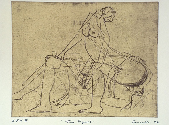 Artist: b'Fransella, Graham.' | Title: b'Two figures' | Date: 1992 | Technique: b'softground etching, printed in black ink, from one plate' | Copyright: b'Courtesy of the artist' Artist: b'Fransella, Graham.' | Title: b'Two figures' | Date: 1992 | Technique: b'softground etching, printed in black ink, from one plate' | Copyright: b'Courtesy of the artist'