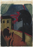 Artist: Black, Dorrit. | Title: The eruption. | Date: c.1929 | Technique: linocut, printed in colour, from four blocks (black, blue, green, red)