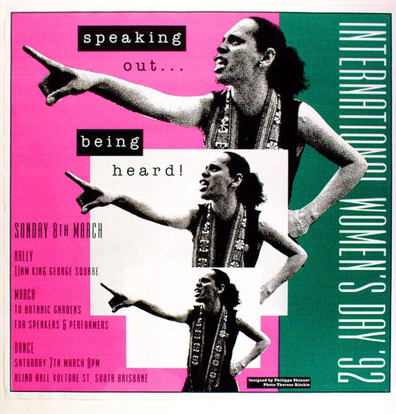 Artist: b'ACCESS 9' | Title: bInternational Women's Day '92. | Date: 1992, February | Technique: b'screenprint, printed in black, pink and green ink, from three stencils' Artist: b'ACCESS 9' | Title: bInternational Women's Day '92. | Date: 1992, February | Technique: b'screenprint, printed in black, pink and green ink, from three stencils'