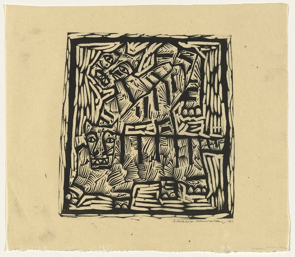 Artist: b'HANRAHAN, Barbara' | Title: b'Tigers' | Date: 1962 | Technique: b'linocut, printed in black ink, from one block' Artist: b'HANRAHAN, Barbara' | Title: b'Tigers' | Date: 1962 | Technique: b'linocut, printed in black ink, from one block'