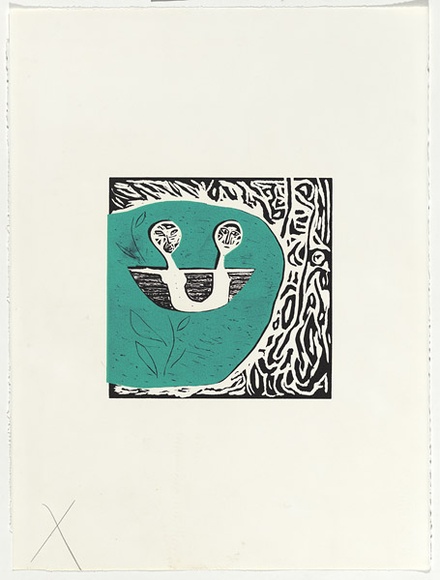 Artist: b'Warren, Guy.' | Title: b'not titled [two figures in boat]' | Date: 22 April 1996 | Technique: b'linocut, printed in colour, from two blocks (black and blue)'