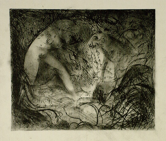 Artist: b'BOYD, Arthur' | Title: b'Nude with dog in thicket.' | Date: (1962-63) | Technique: b'etching, printed in black ink, from one plate' | Copyright: b'Reproduced with permission of Bundanon Trust' Artist: b'BOYD, Arthur' | Title: b'Nude with dog in thicket.' | Date: (1962-63) | Technique: b'etching, printed in black ink, from one plate' | Copyright: b'Reproduced with permission of Bundanon Trust'
