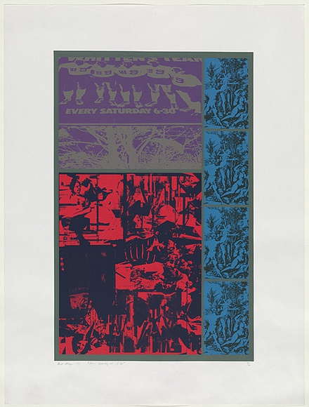 Artist: b'MEYER, Bill' | Title: b'Every Saturday at 6.30' | Date: 1971 | Technique: b'screenprint, printed in seven colours, from multiple stencils (including photographic images and hand cut stencils)' | Copyright: b'\xc2\xa9 Bill Meyer' Artist: b'MEYER, Bill' | Title: b'Every Saturday at 6.30' | Date: 1971 | Technique: b'screenprint, printed in seven colours, from multiple stencils (including photographic images and hand cut stencils)' | Copyright: b'\xc2\xa9 Bill Meyer'