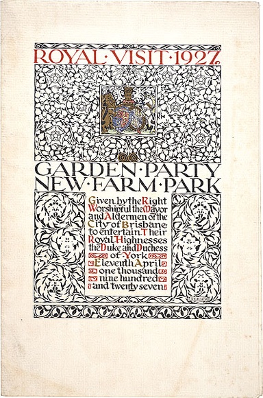 Artist: b'Annand, Douglas.' | Title: b'Program for Royal Visit Garden Party 1927.' | Date: 1927 | Technique: b'offset-lithograph, printed in colour, from mulitple plates' | Copyright: b'\xc2\xa9 A.M. Annand' Artist: b'Annand, Douglas.' | Title: b'Program for Royal Visit Garden Party 1927.' | Date: 1927 | Technique: b'offset-lithograph, printed in colour, from mulitple plates' | Copyright: b'\xc2\xa9 A.M. Annand'