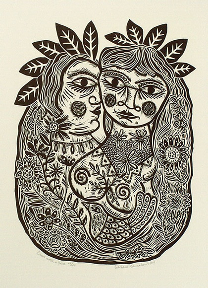 Artist: b'HANRAHAN, Barbara' | Title: b'Lovers with a bird.' | Date: 1989 | Technique: b'linocut, printed in black ink, from one block' Artist: b'HANRAHAN, Barbara' | Title: b'Lovers with a bird.' | Date: 1989 | Technique: b'linocut, printed in black ink, from one block'