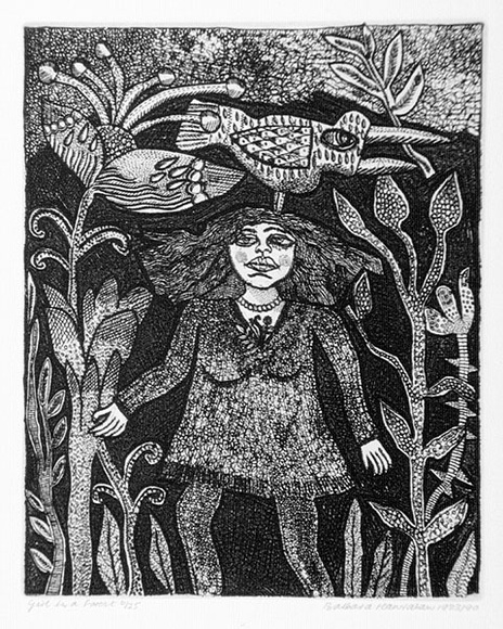 Artist: b'HANRAHAN, Barbara' | Title: b'Girl in a forest' | Date: 1983 | Technique: b'etching, printed in black ink with plate-tone, from one plate' Artist: b'HANRAHAN, Barbara' | Title: b'Girl in a forest' | Date: 1983 | Technique: b'etching, printed in black ink with plate-tone, from one plate'