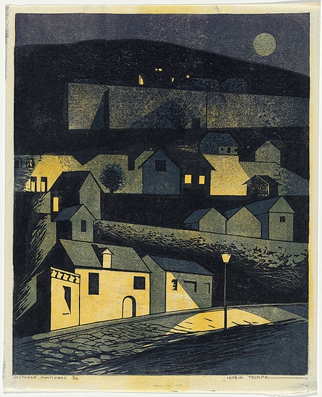 Artist: b'Thorpe, Lesbia.' | Title: b'Nocturne, Montignac' | Date: 1960 | Technique: b'woodcut, printed in colour, from three blocks' Artist: b'Thorpe, Lesbia.' | Title: b'Nocturne, Montignac' | Date: 1960 | Technique: b'woodcut, printed in colour, from three blocks'