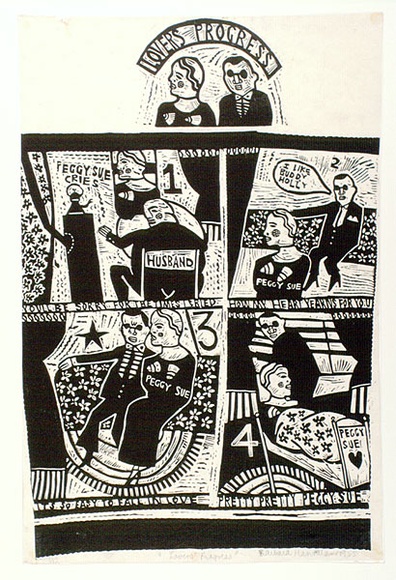 Artist: b'HANRAHAN, Barbara' | Title: b'Lovers progress' | Date: 1965 | Technique: b'linocut, printed in black ink, from one block' Artist: b'HANRAHAN, Barbara' | Title: b'Lovers progress' | Date: 1965 | Technique: b'linocut, printed in black ink, from one block'