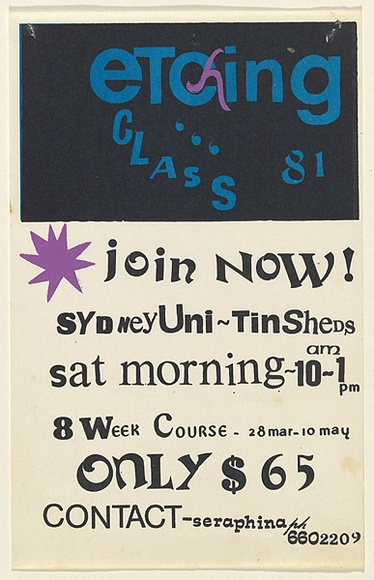 Artist: b'UNKNOWN' | Title: b'Etching class, Sydney Uni. - Tin sheds' | Date: 1981 | Technique: b'screenprint, printed in colour, from three stencils' Artist: b'UNKNOWN' | Title: b'Etching class, Sydney Uni. - Tin sheds' | Date: 1981 | Technique: b'screenprint, printed in colour, from three stencils'