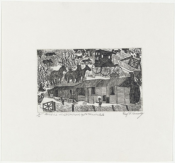 Artist: b'Kennedy, Roy.' | Title: b'Mossgiel Weigh Station 1910 to the late 1920s' | Date: 2001 | Technique: b'etching, printed in black ink, from one plate' Artist: b'Kennedy, Roy.' | Title: b'Mossgiel Weigh Station 1910 to the late 1920s' | Date: 2001 | Technique: b'etching, printed in black ink, from one plate'