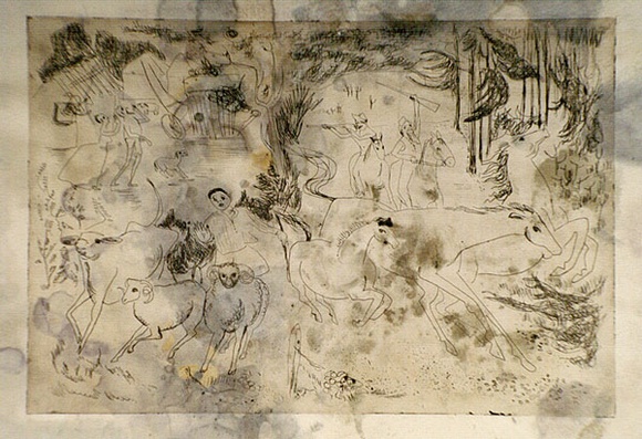 Artist: b'Barwell, Jennifer.' | Title: b'(The roundup).' | Date: (1955) | Technique: b'etching printed in brown ink from one plate' Artist: b'Barwell, Jennifer.' | Title: b'(The roundup).' | Date: (1955) | Technique: b'etching printed in brown ink from one plate'