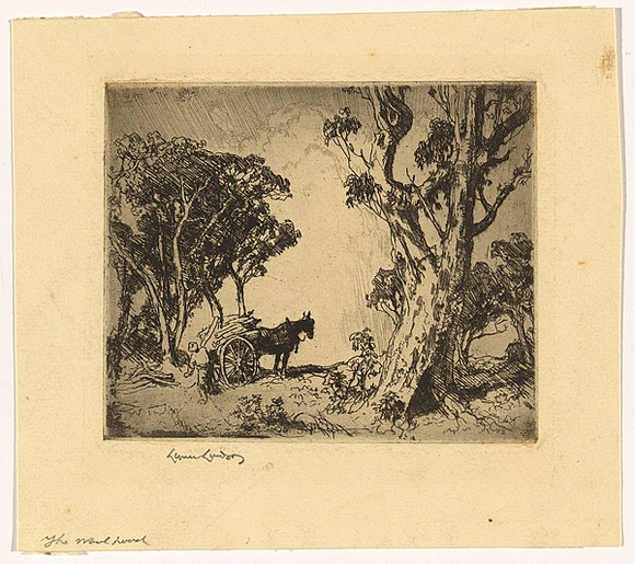 Artist: b'LINDSAY, Lionel' | Title: b'The wood load' | Date: 1919 | Technique: b'warm etching and aquatint, printed in black ink with plate-tone, from one plate' | Copyright: b'Courtesy of the National Library of Australia' Artist: b'LINDSAY, Lionel' | Title: b'The wood load' | Date: 1919 | Technique: b'warm etching and aquatint, printed in black ink with plate-tone, from one plate' | Copyright: b'Courtesy of the National Library of Australia'