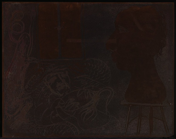 Artist: b'BOYD, Arthur' | Title: b'Plate 132: Potter with beast and sculptured head (Interior).' | Date: (1968-69) | Technique: b'etched plate' | Copyright: b'This work appears on screen courtesy of Bundanon Trust' Artist: b'BOYD, Arthur' | Title: b'Plate 132: Potter with beast and sculptured head (Interior).' | Date: (1968-69) | Technique: b'etched plate' | Copyright: b'This work appears on screen courtesy of Bundanon Trust'