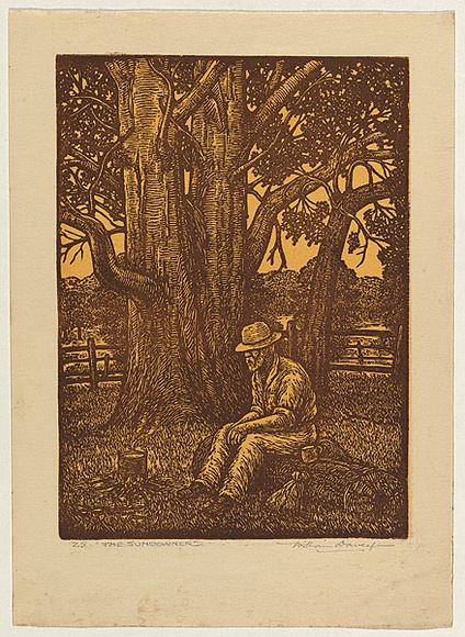 Artist: Davey, William J. | Title: The sundowner | Date: 1930s | Technique: wood-engraving, printed in brown and yellow ink, from two blocks