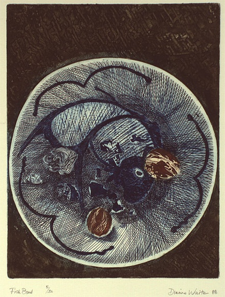 Artist: b'Waite, Dianne.' | Title: b'Fish bowl' | Date: 1988 | Technique: b'etching, printed in deep blue ink, from one plate; with orange tint.' Artist: b'Waite, Dianne.' | Title: b'Fish bowl' | Date: 1988 | Technique: b'etching, printed in deep blue ink, from one plate; with orange tint.'