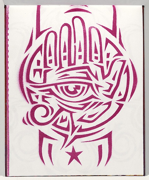 Title: b'Derailed' | Date: 2003 | Technique: b'stencil, printed in purple aerosol paint, from one stencil'
