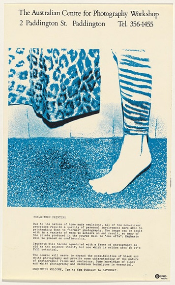 Artist: b'UNKNOWN' | Title: b'Australian Centre for Photography Workshop.' | Date: c.1982 | Technique: b'screenprint' Artist: b'UNKNOWN' | Title: b'Australian Centre for Photography Workshop.' | Date: c.1982 | Technique: b'screenprint'