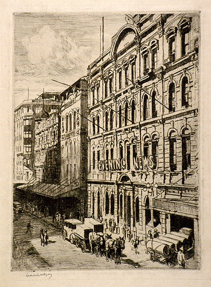 Artist: b'LINDSAY, Lionel' | Title: b'Evening News office, Market Street, Sydney' | Date: 1926 | Technique: b'etching and drypoint, printed in warm balck ink, from one plate' | Copyright: b'Courtesy of the National Library of Australia' Artist: b'LINDSAY, Lionel' | Title: b'Evening News office, Market Street, Sydney' | Date: 1926 | Technique: b'etching and drypoint, printed in warm balck ink, from one plate' | Copyright: b'Courtesy of the National Library of Australia'