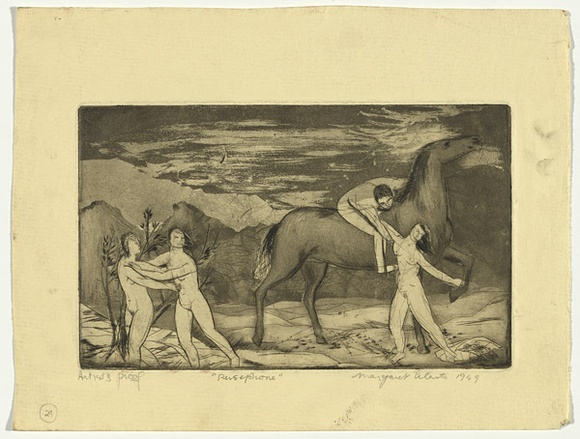 Artist: b'Cilento, Margaret.' | Title: b'Persephone.' | Date: 1949 | Technique: b'etching and aquatint, printed in black ink, from one plate' Artist: b'Cilento, Margaret.' | Title: b'Persephone.' | Date: 1949 | Technique: b'etching and aquatint, printed in black ink, from one plate'