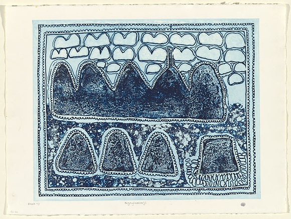 Artist: b'McKenzie, Queenie' | Title: b'Ngayiwoorrji' | Date: 1998, 31 January | Technique: b'etching, direct block out, open bite, lump rosin, aquatint lump rosin and aquatint, printed in bluish black ink, from one plate' Artist: b'McKenzie, Queenie' | Title: b'Ngayiwoorrji' | Date: 1998, 31 January | Technique: b'etching, direct block out, open bite, lump rosin, aquatint lump rosin and aquatint, printed in bluish black ink, from one plate'