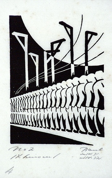 Artist: b'Haefliger, Paul.' | Title: b'Illustration for Oscar Wilde, Ballad of Reading Goal' | Date: 1931-32 | Technique: b'linocut, printed in black ink, from one block' Artist: b'Haefliger, Paul.' | Title: b'Illustration for Oscar Wilde, Ballad of Reading Goal' | Date: 1931-32 | Technique: b'linocut, printed in black ink, from one block'