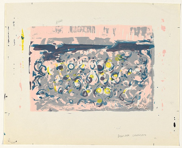 Artist: b'Grey-Smith, Guy' | Title: b'Boulder landscape' | Date: 1965 | Technique: b'screenprint, printed in colour, from five stencils' Artist: b'Grey-Smith, Guy' | Title: b'Boulder landscape' | Date: 1965 | Technique: b'screenprint, printed in colour, from five stencils'