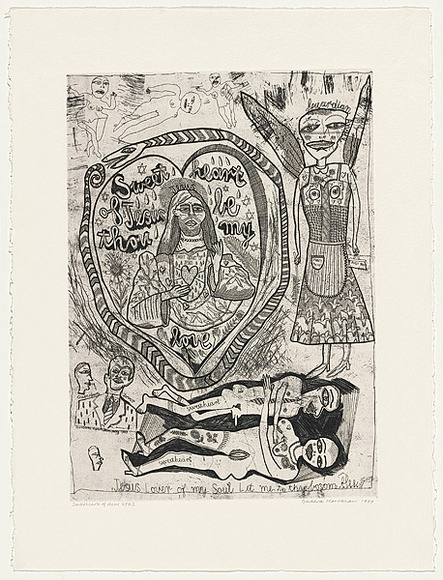 Artist: b'HANRAHAN, Barbara' | Title: b'Sweethearts of Jesus' | Date: 1989 | Technique: b'etching, printed in black ink, from one plate' Artist: b'HANRAHAN, Barbara' | Title: b'Sweethearts of Jesus' | Date: 1989 | Technique: b'etching, printed in black ink, from one plate'