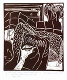 Artist: b'Wallace-Crabbe, Robin.' | Title: b'not titled [VIII aged Venus ... with cat].' | Date: 1979 | Technique: b'linocut, printed in brown ink, from one block' | Copyright: b'\xc2\xa9 Robin Wallace-Crabbe, Licensed by VISCOPY, Australia'