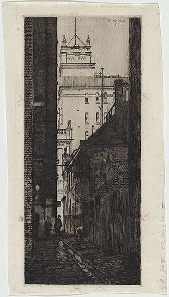 Artist: SHIRLOW, John | Title: Latrobe Place, in Chinese quarters | Date: 1915 | Technique: etching, printed in black ink, from one copper plate Artist: SHIRLOW, John | Title: Latrobe Place, in Chinese quarters | Date: 1915 | Technique: etching, printed in black ink, from one copper plate