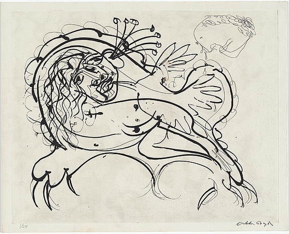 Artist: b'BOYD, Arthur' | Title: b'Figure on a couch with bouquet in ear.' | Date: (1968-69) | Technique: b'etching, printed in black ink, from one plate' | Copyright: b'Reproduced with permission of Bundanon Trust' Artist: b'BOYD, Arthur' | Title: b'Figure on a couch with bouquet in ear.' | Date: (1968-69) | Technique: b'etching, printed in black ink, from one plate' | Copyright: b'Reproduced with permission of Bundanon Trust'