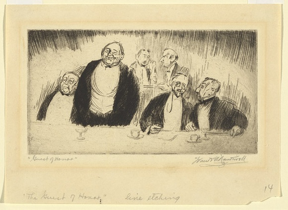 Artist: b'Nankivell, Frank A.' | Title: b'Guest of honour' | Date: 1930 | Technique: b'etching, printed in black ink with plate-tone, from one plate' Artist: b'Nankivell, Frank A.' | Title: b'Guest of honour' | Date: 1930 | Technique: b'etching, printed in black ink with plate-tone, from one plate'