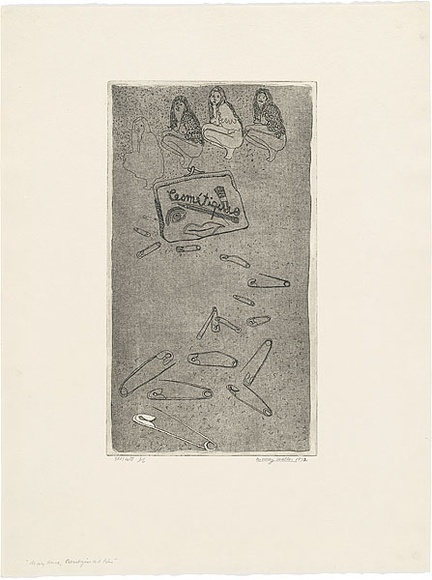 Artist: b'WALKER, Murray' | Title: b'Mary Anne, cosmetiques and pins.' | Date: 1972 | Technique: b'softground-etching, printed in black ink, from one plate' Artist: b'WALKER, Murray' | Title: b'Mary Anne, cosmetiques and pins.' | Date: 1972 | Technique: b'softground-etching, printed in black ink, from one plate'