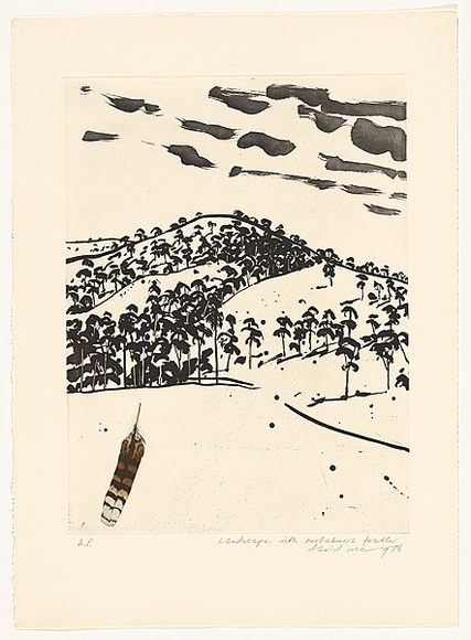 Artist: b'Rose, David.' | Title: b'Landscape with kookaburra feather' | Date: 1978 | Technique: b'aquatint and etching, printed in black ink, from one plate' Artist: b'Rose, David.' | Title: b'Landscape with kookaburra feather' | Date: 1978 | Technique: b'aquatint and etching, printed in black ink, from one plate'