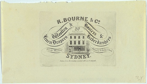Artist: b'Carmichael, John.' | Title: b'Advertisement: R. Bourne & Co. Woollen & linen, drapers, hosiers & haberdashers.' | Date: c.1836 | Technique: b'engraving, printed in black ink, from one copper plate' Artist: b'Carmichael, John.' | Title: b'Advertisement: R. Bourne & Co. Woollen & linen, drapers, hosiers & haberdashers.' | Date: c.1836 | Technique: b'engraving, printed in black ink, from one copper plate'