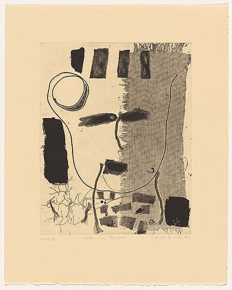 Artist: b'Bruch, Sandy.' | Title: b'Moon in her ear' | Date: 1994 | Technique: b'etching and aquatint, printed in black, from one plate' Artist: b'Bruch, Sandy.' | Title: b'Moon in her ear' | Date: 1994 | Technique: b'etching and aquatint, printed in black, from one plate'