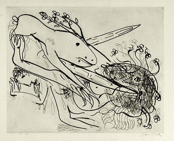 Artist: b'BOYD, Arthur' | Title: b'Dog with crutches and falling figure.' | Date: (1968-69) | Technique: b'etching, printed in black ink, from one plate' | Copyright: b'Reproduced with permission of Bundanon Trust' Artist: b'BOYD, Arthur' | Title: b'Dog with crutches and falling figure.' | Date: (1968-69) | Technique: b'etching, printed in black ink, from one plate' | Copyright: b'Reproduced with permission of Bundanon Trust'