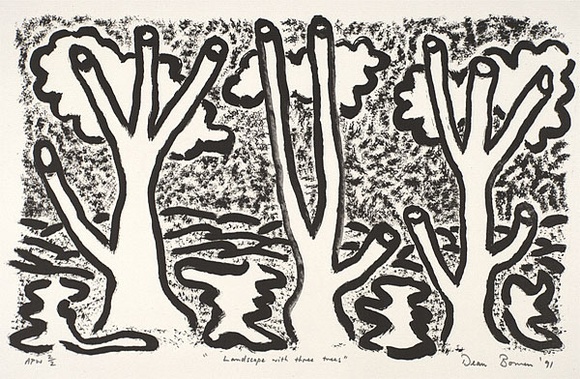 Artist: b'Bowen, Dean.' | Title: b'Landscape with three trees.' | Date: 1991 | Technique: b'lithograph, printed in black ink, from one stone' Artist: b'Bowen, Dean.' | Title: b'Landscape with three trees.' | Date: 1991 | Technique: b'lithograph, printed in black ink, from one stone'