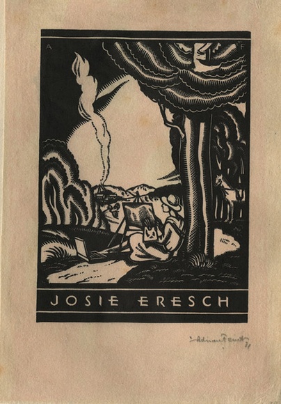 Artist: b'FEINT, Adrian' | Title: b'Bookplate: Josie Eresch.' | Date: (1931) | Technique: b'wood-engraving, printed in black ink, from one block' | Copyright: b'Courtesy the Estate of Adrian Feint' Artist: b'FEINT, Adrian' | Title: b'Bookplate: Josie Eresch.' | Date: (1931) | Technique: b'wood-engraving, printed in black ink, from one block' | Copyright: b'Courtesy the Estate of Adrian Feint'