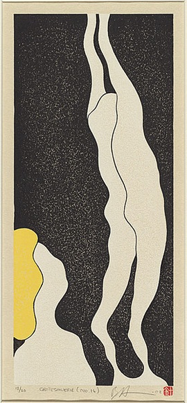 Artist: b'Harris, Brent.' | Title: b'Grotesquerie 14' | Date: 2002 | Technique: b'woodcut, printed in three colours in the Japanese manner, from multiple blocks' Artist: b'Harris, Brent.' | Title: b'Grotesquerie 14' | Date: 2002 | Technique: b'woodcut, printed in three colours in the Japanese manner, from multiple blocks'
