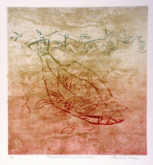Artist: b'King, Grahame.' | Title: b'Monument at Obiri, Arnhem Land VI' | Date: 1981 | Technique: b'lithograph, printed in colour, from three stones [or plates]'