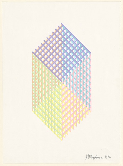 Artist: b'Flugelman, Bert.' | Title: b'(Cube in mesh).' | Date: 1972 | Technique: b'screenprint, printed in colour, from six stencils' | Copyright: b'\xc2\xa9 Bert Flugelman' Artist: b'Flugelman, Bert.' | Title: b'(Cube in mesh).' | Date: 1972 | Technique: b'screenprint, printed in colour, from six stencils' | Copyright: b'\xc2\xa9 Bert Flugelman'