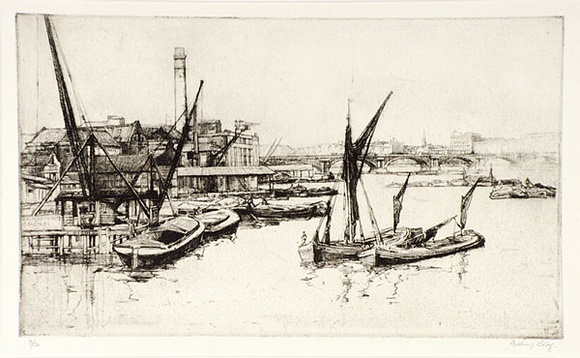 Artist: b'Long, Sydney.' | Title: b'The river from Blackfriars Bridge' | Date: 1925 | Technique: b'line-etching and drypoint, printed in black ink with plate-tone, from one copper plate' | Copyright: b'Reproduced with the kind permission of the Ophthalmic Research Institute of Australia' Artist: b'Long, Sydney.' | Title: b'The river from Blackfriars Bridge' | Date: 1925 | Technique: b'line-etching and drypoint, printed in black ink with plate-tone, from one copper plate' | Copyright: b'Reproduced with the kind permission of the Ophthalmic Research Institute of Australia'