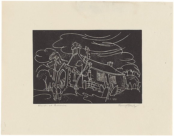 Artist: Jack, Kenneth. | Title: Church at Bellerive, Tasmania | Date: 1953 | Technique: linocut, printed in black ink, from one block | Copyright: © Kenneth Jack. Licensed by VISCOPY, Australia
